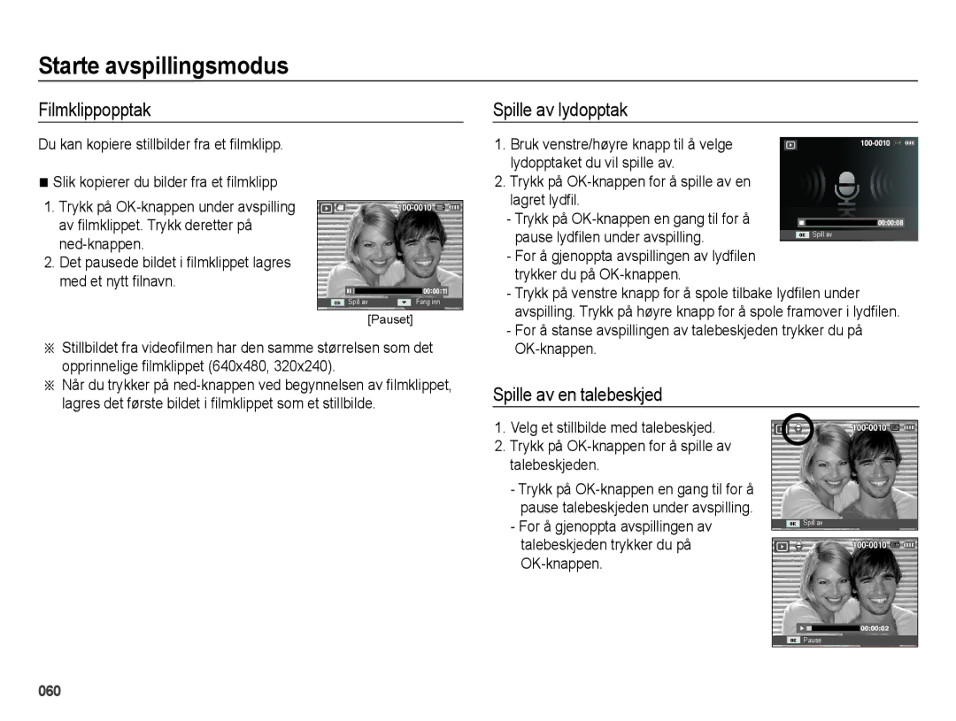 Samsung EC-ES75ZZBPBE2 manual Filmklippopptak, Spille av lydopptak, Spille av en talebeskjed 