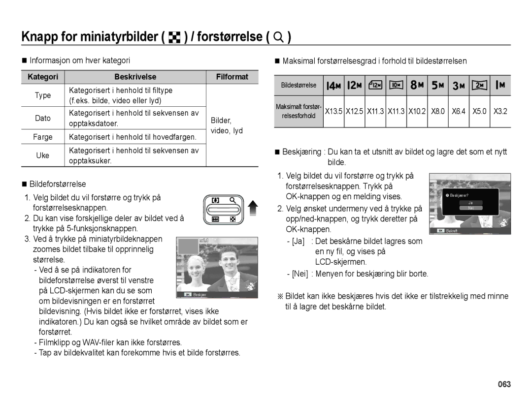 Samsung EC-ES75ZZBPBE2 manual Knapp for miniatyrbilder º / forstørrelse †, Informasjon om hver kategori 