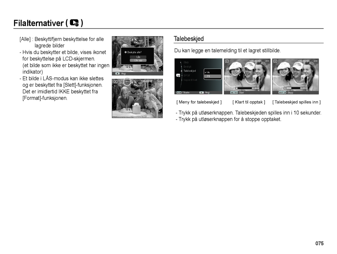 Samsung EC-ES75ZZBPBE2 manual Talebeskjed, Alle Beskytt/fjern beskyttelse for alle lagrede bilder 