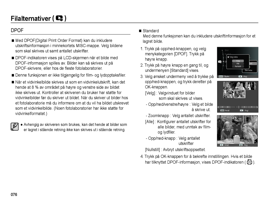 Samsung EC-ES75ZZBPBE2 manual DPOF-informasjon spilles av. Bilder kan så skrives ut på, Vidvinkelformatet, Skrive ut 