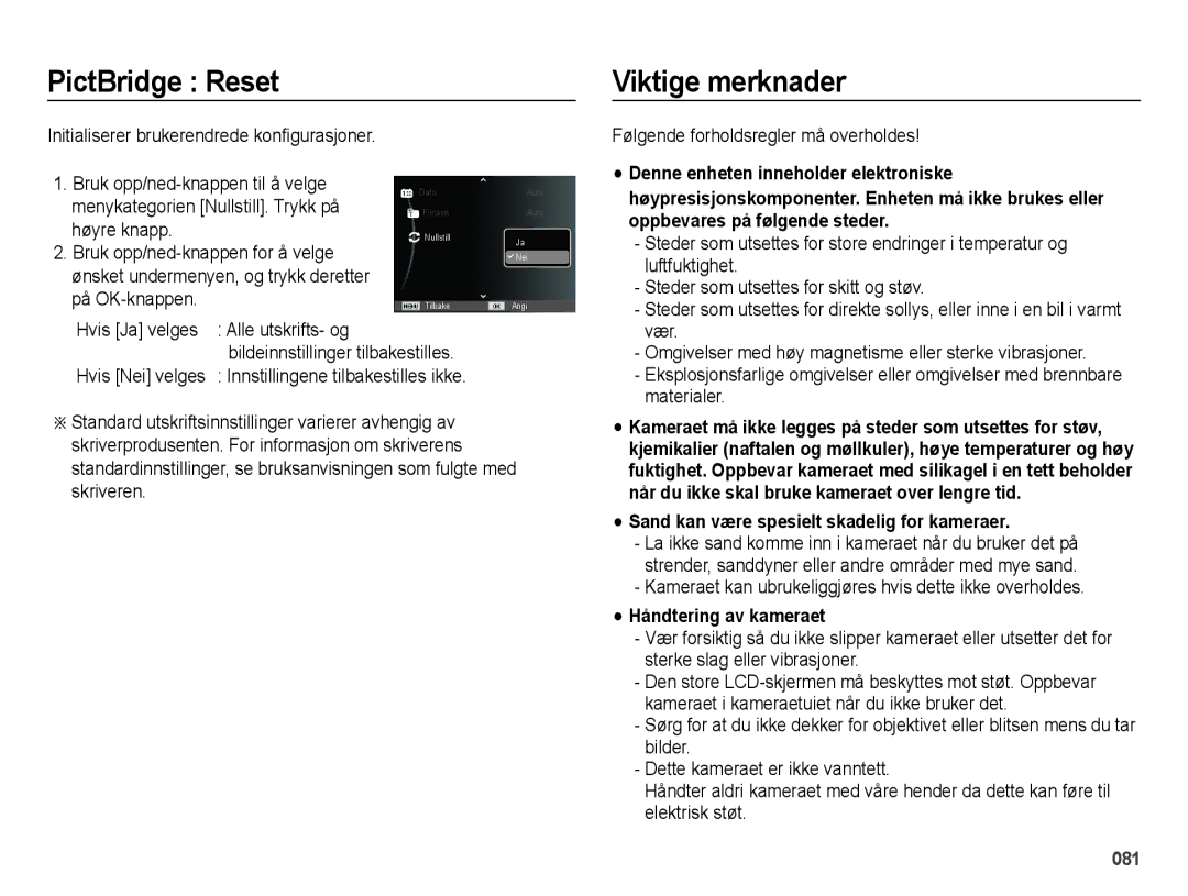 Samsung EC-ES75ZZBPBE2 manual PictBridge Reset, Viktige merknader, Sand kan være spesielt skadelig for kameraer 