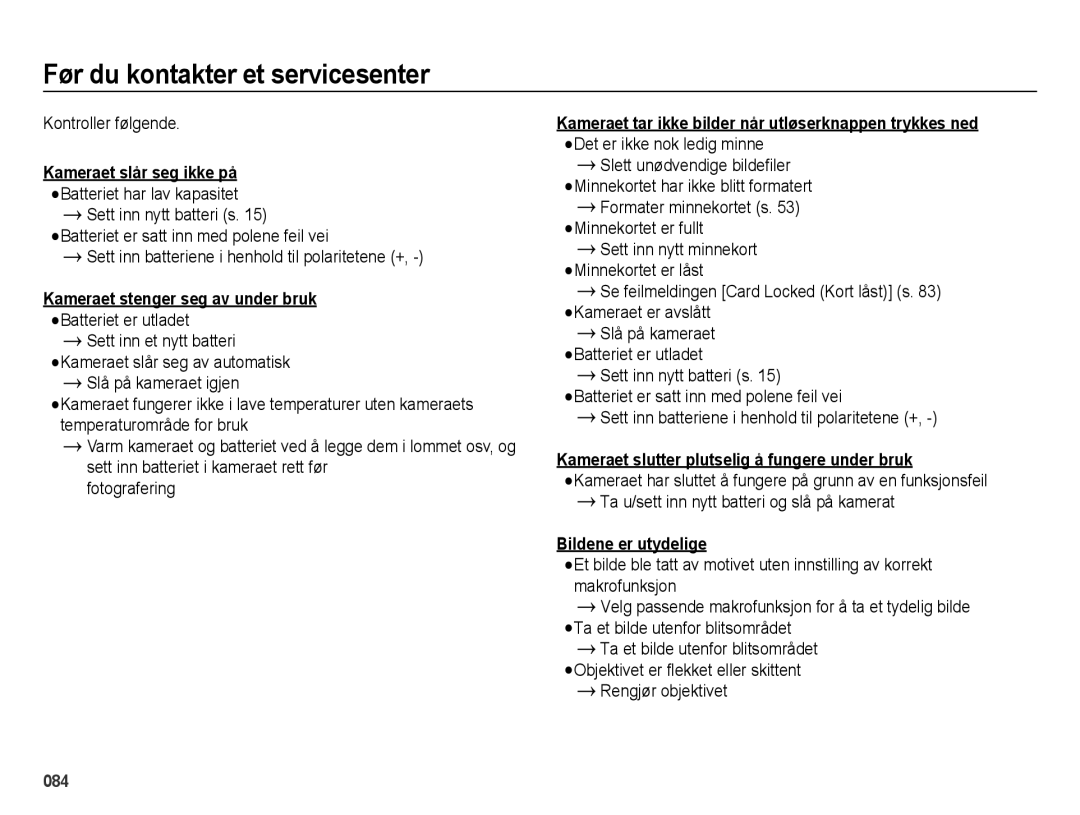 Samsung EC-ES75ZZBPBE2 manual Før du kontakter et servicesenter, Kontroller følgende, Bildene er utydelige 