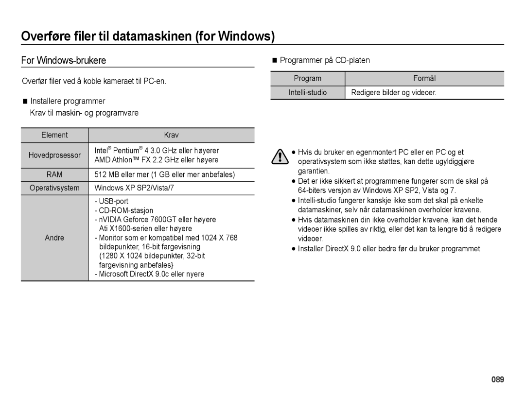 Samsung EC-ES75ZZBPBE2 manual Overføre filer til datamaskinen for Windows, For Windows-brukere, Programmer på CD-platen 