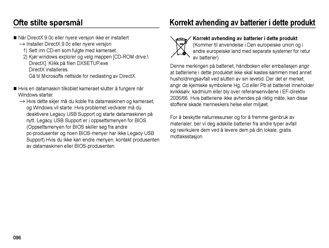 Samsung EC-ES75ZZBPBE2 manual Korrekt avhending av batterier i dette produkt 