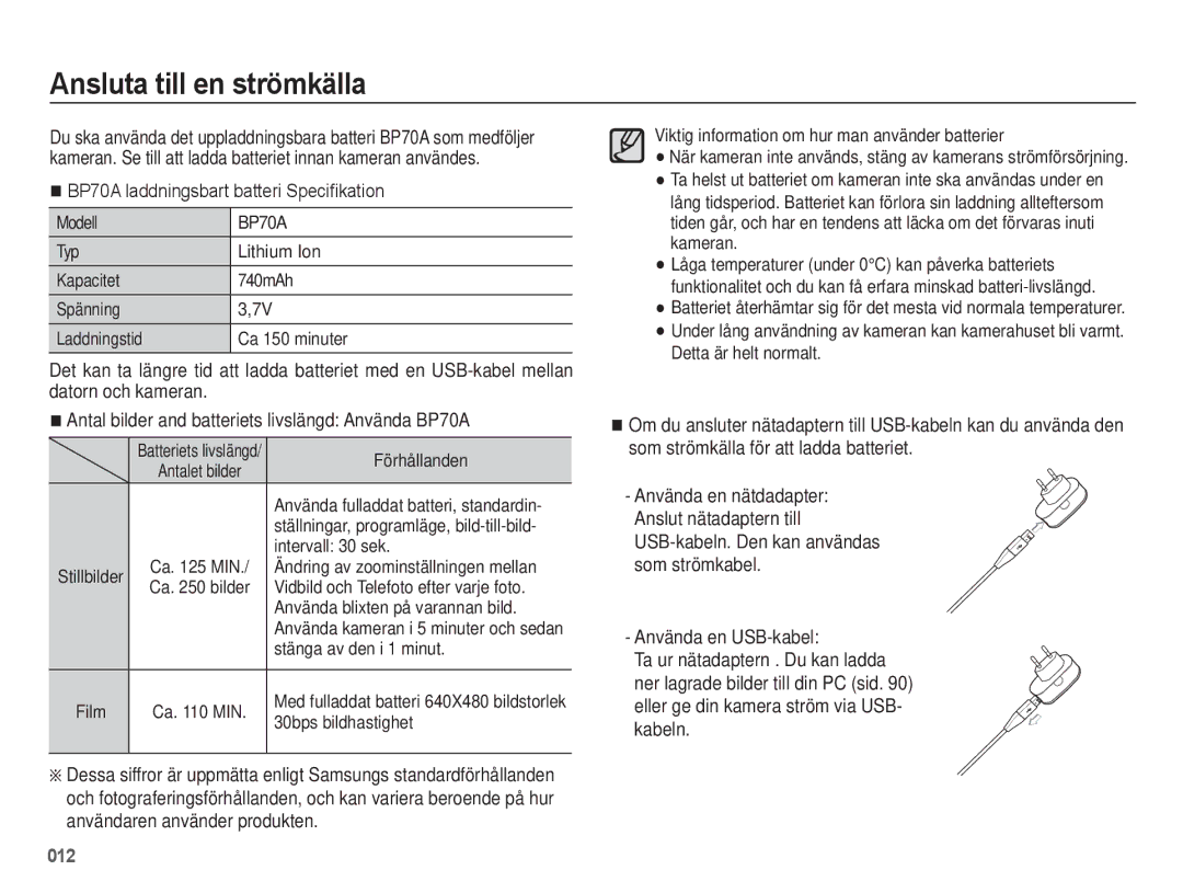 Samsung EC-ES75ZZBPBE2 manual Ansluta till en strömkälla, BP70A laddningsbart batteri Specifikation 