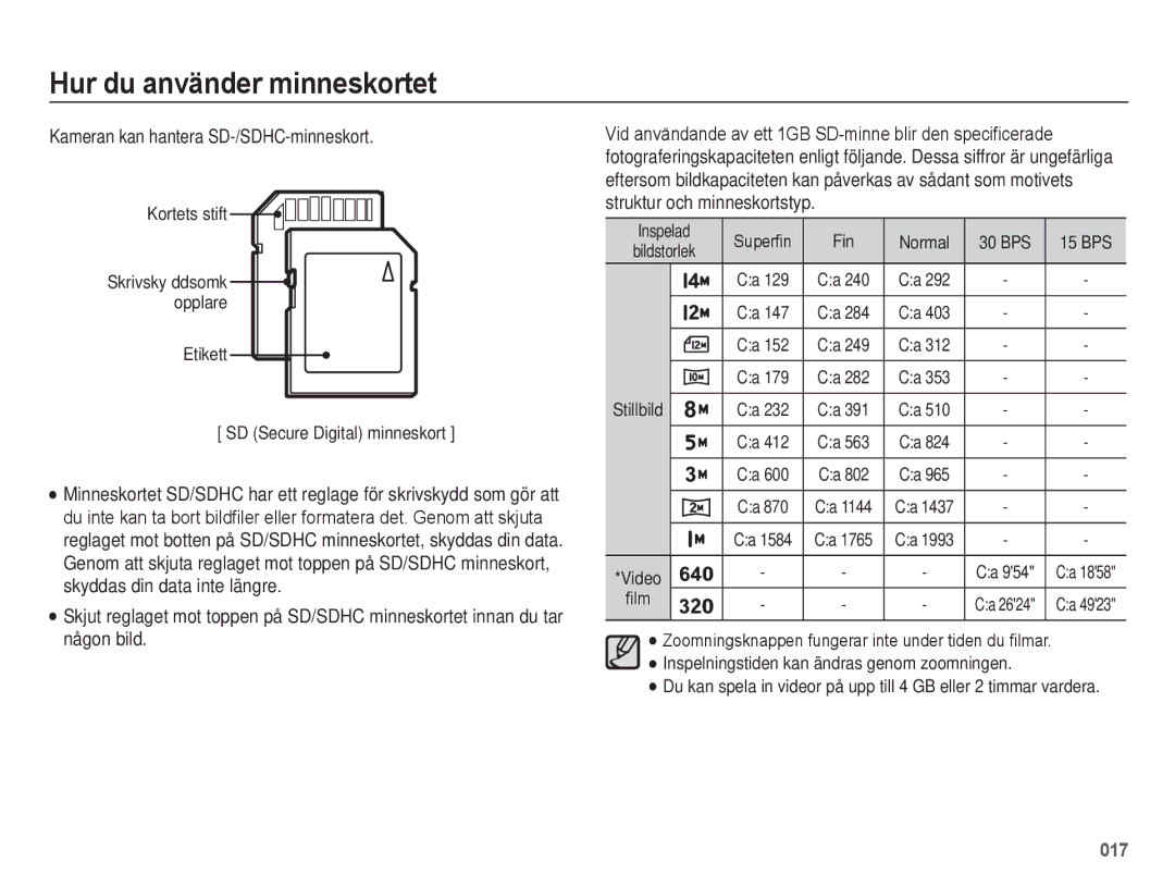 Samsung EC-ES75ZZBPBE2 manual Kameran kan hantera SD-/SDHC-minneskort, Inspelningstiden kan ändras genom zoomningen 