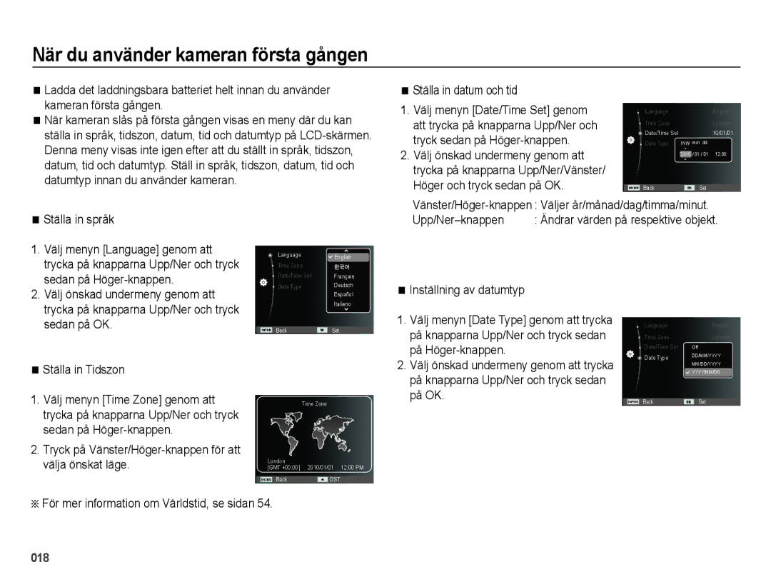 Samsung EC-ES75ZZBPBE2 manual När du använder kameran första gången, Ställa in datum och tid, På Höger-knappen 