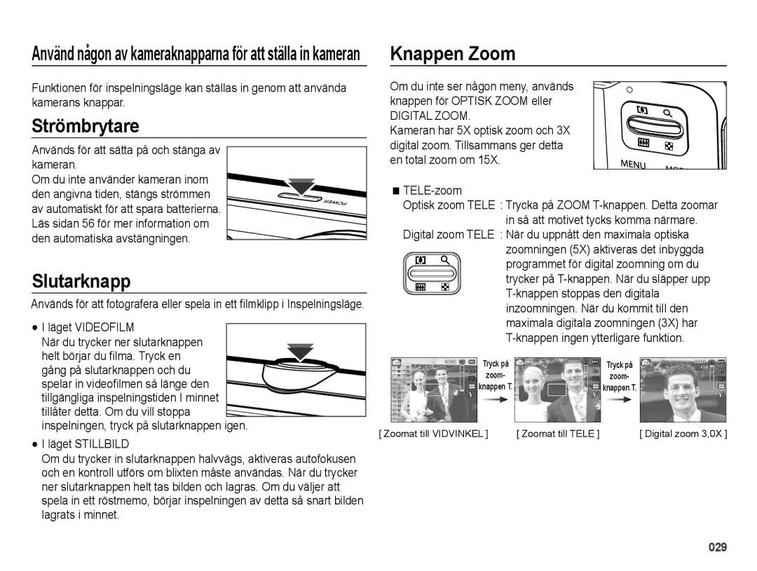 Samsung EC-ES75ZZBPBE2 manual Strömbrytare, Slutarknapp, Knappen Zoom 