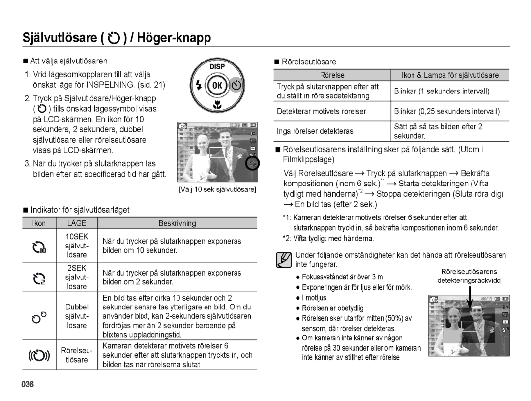 Samsung EC-ES75ZZBPBE2 manual Indikator för självutlösarläget, Rörelseutlösare 