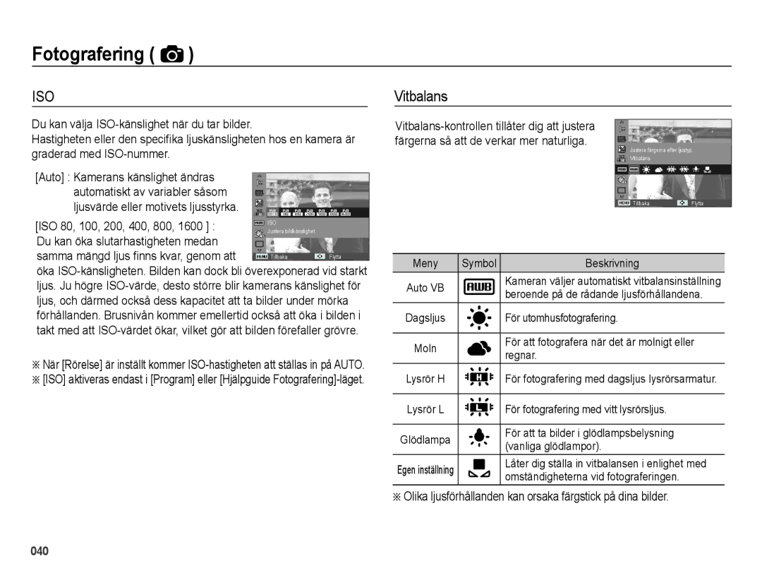 Samsung EC-ES75ZZBPBE2 manual Vitbalans, Olika ljusförhållanden kan orsaka färgstick på dina bilder 