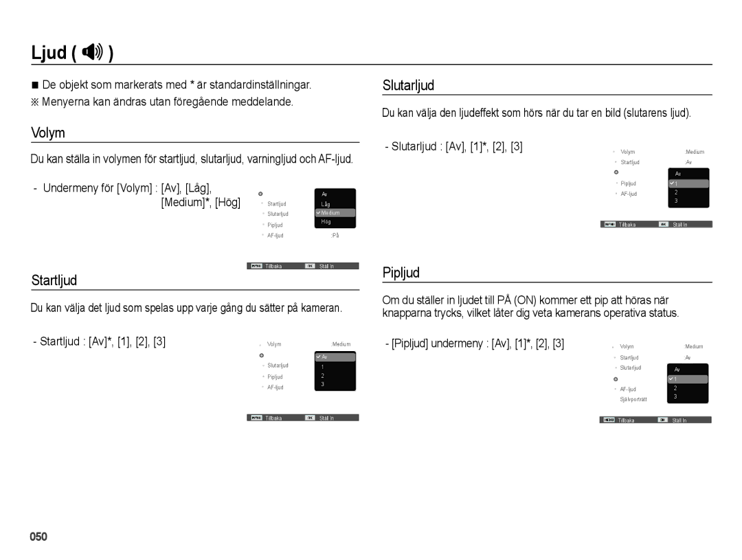 Samsung EC-ES75ZZBPBE2 manual Ljud #, Volym, Startljud, Slutarljud, Pipljud 