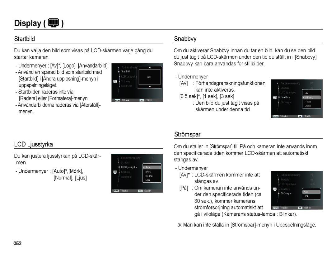 Samsung EC-ES75ZZBPBE2 manual Startbild, Snabbvy, LCD Ljusstyrka Strömspar 