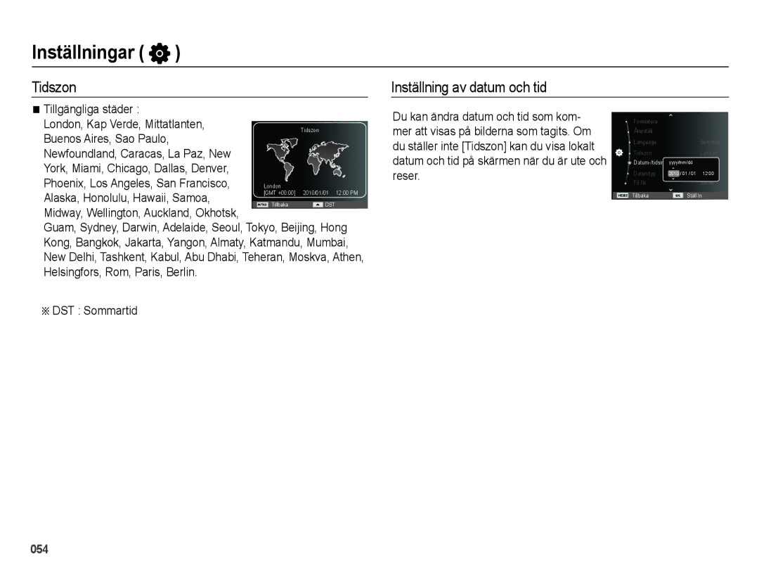 Samsung EC-ES75ZZBPBE2 manual Tidszon Inställning av datum och tid, Tillgängliga städer 