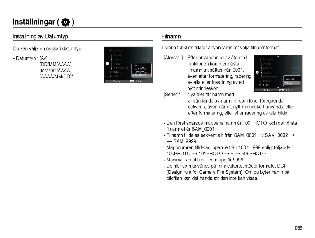 Samsung EC-ES75ZZBPBE2 manual Inställning av Datumtyp Filnamn, Denna funktion tillåter användaren att välja filnamnformat 