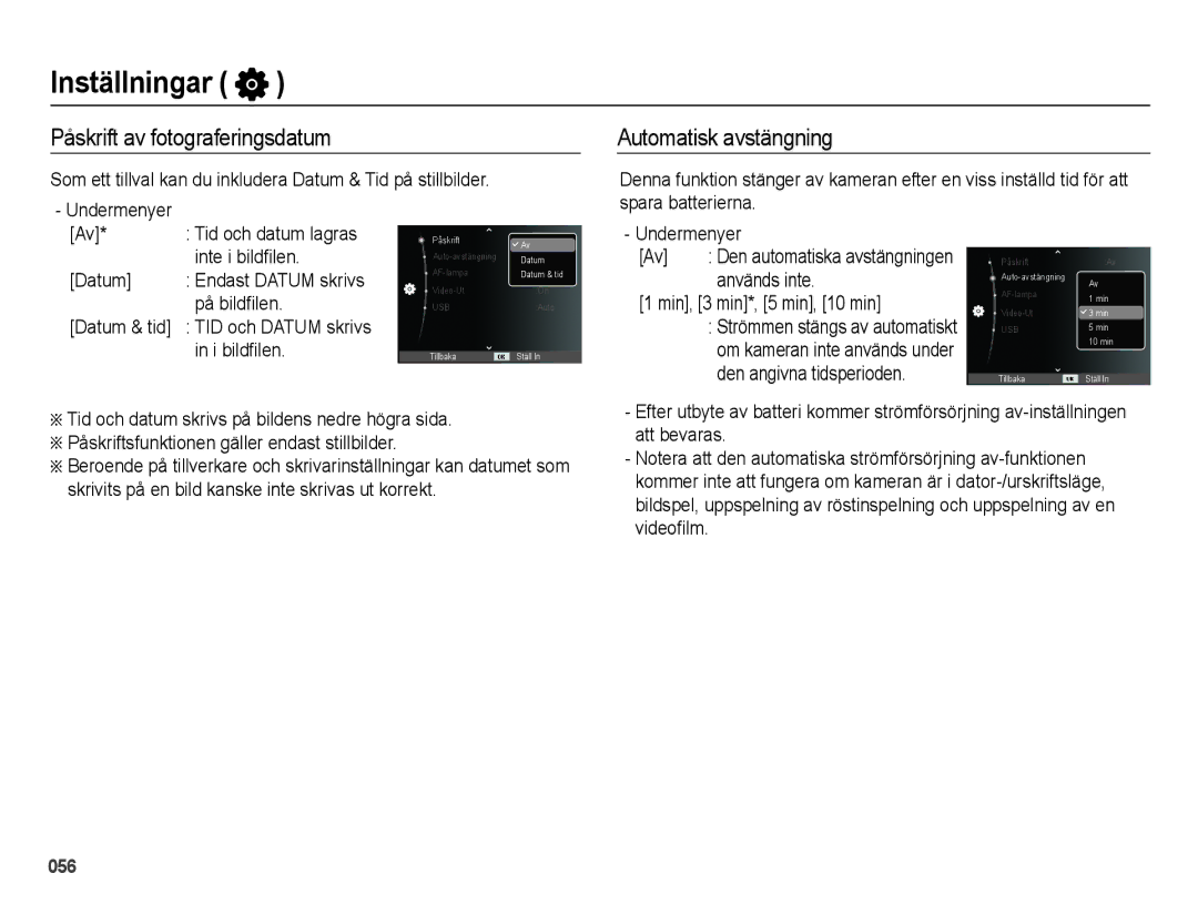 Samsung EC-ES75ZZBPBE2 manual Påskrift av fotograferingsdatum Automatisk avstängning 