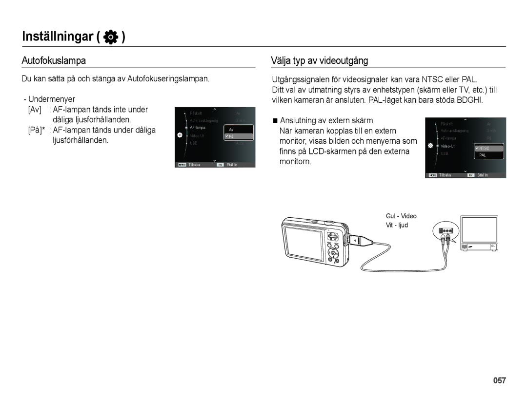 Samsung EC-ES75ZZBPBE2 manual Autofokuslampa, Välja typ av videoutgång 