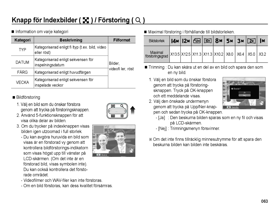 Samsung EC-ES75ZZBPBE2 manual Knapp för Indexbilder º / Förstoring †, Information om varje kategori, Bildförstoring 