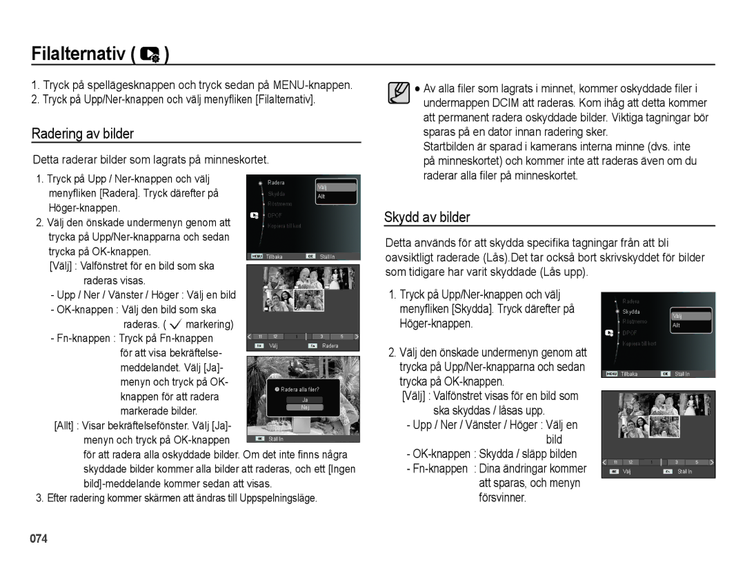 Samsung EC-ES75ZZBPBE2 manual Filalternativ, Radering av bilder, Skydd av bilder, Ska skyddas / låsas upp 