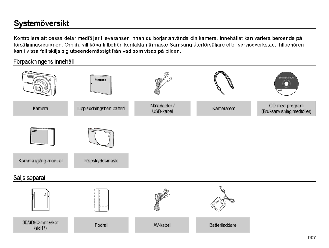 Samsung EC-ES75ZZBPBE2 manual Systemöversikt, Förpackningens innehåll, Säljs separat 