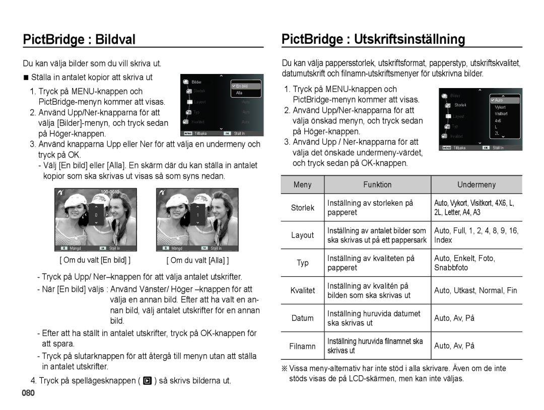 Samsung EC-ES75ZZBPBE2 manual PictBridge Bildval, PictBridge Utskriftsinställning 