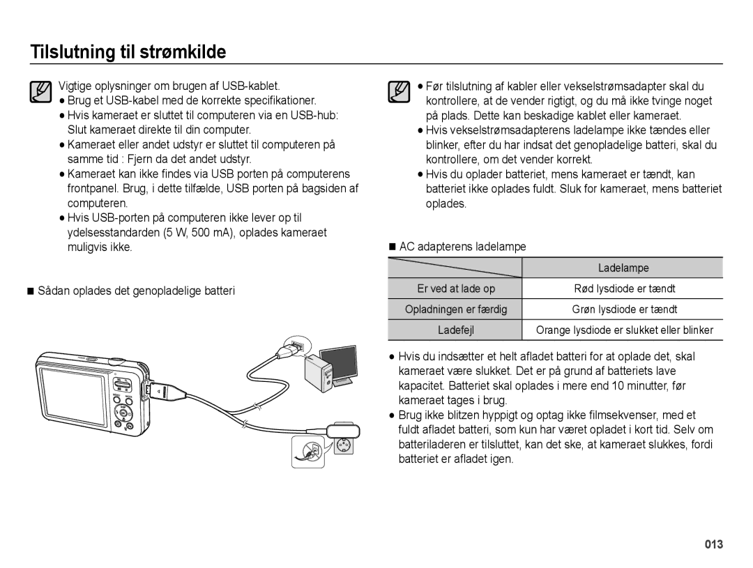 Samsung EC-ES75ZZBPBE2 manual Vigtige oplysninger om brugen af USB-kablet, Ladelampe 