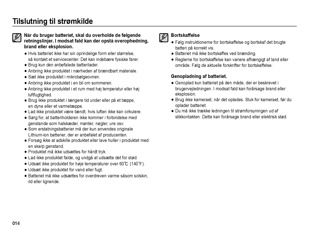 Samsung EC-ES75ZZBPBE2 manual Bortskaffelse, Genopladning af batteriet 