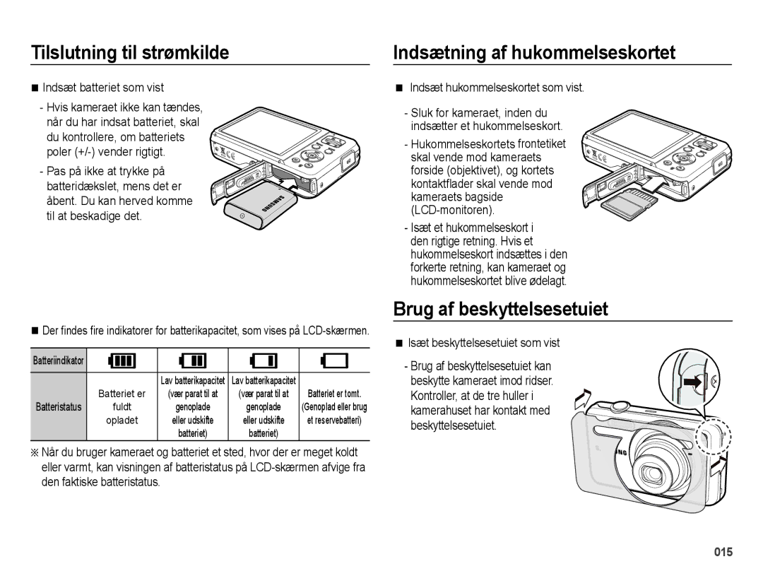 Samsung EC-ES75ZZBPBE2 manual Indsætning af hukommelseskortet, Brug af beskyttelsesetuiet, Indsæt batteriet som vist 