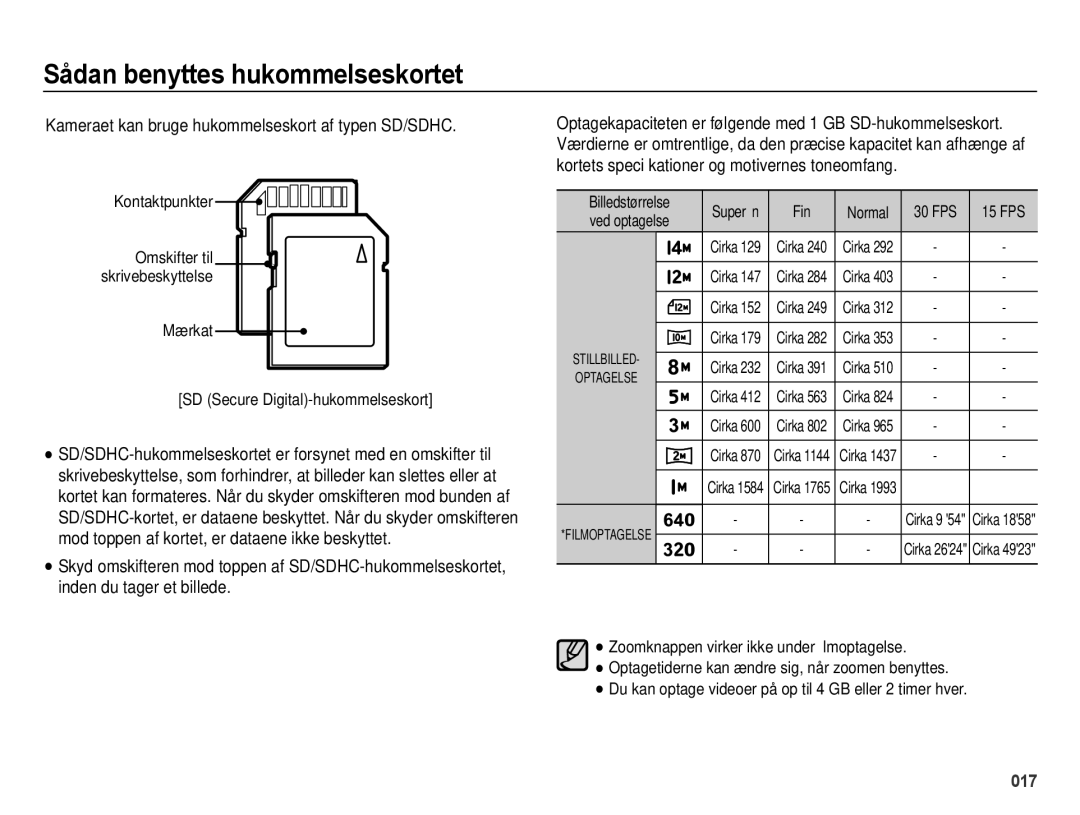 Samsung EC-ES75ZZBPBE2 manual Kameraet kan bruge hukommelseskort af typen SD/SDHC, Kontaktpunkter, Ved optagelse 