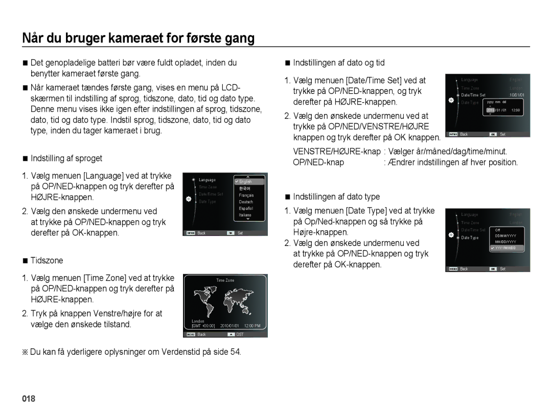 Samsung EC-ES75ZZBPBE2 manual Når du bruger kameraet for første gang, Indstillingen af dato og tid 