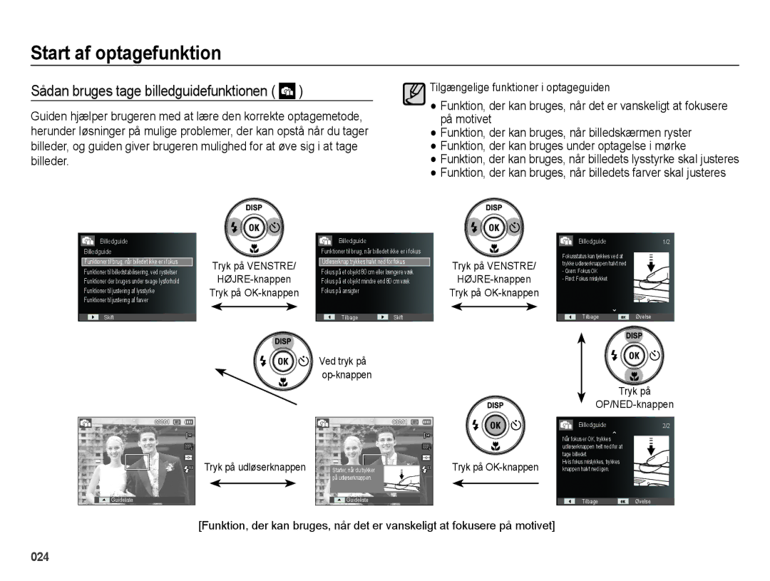 Samsung EC-ES75ZZBPBE2 manual Sådan bruges tage billedguidefunktionen, Tilgængelige funktioner i optageguiden 