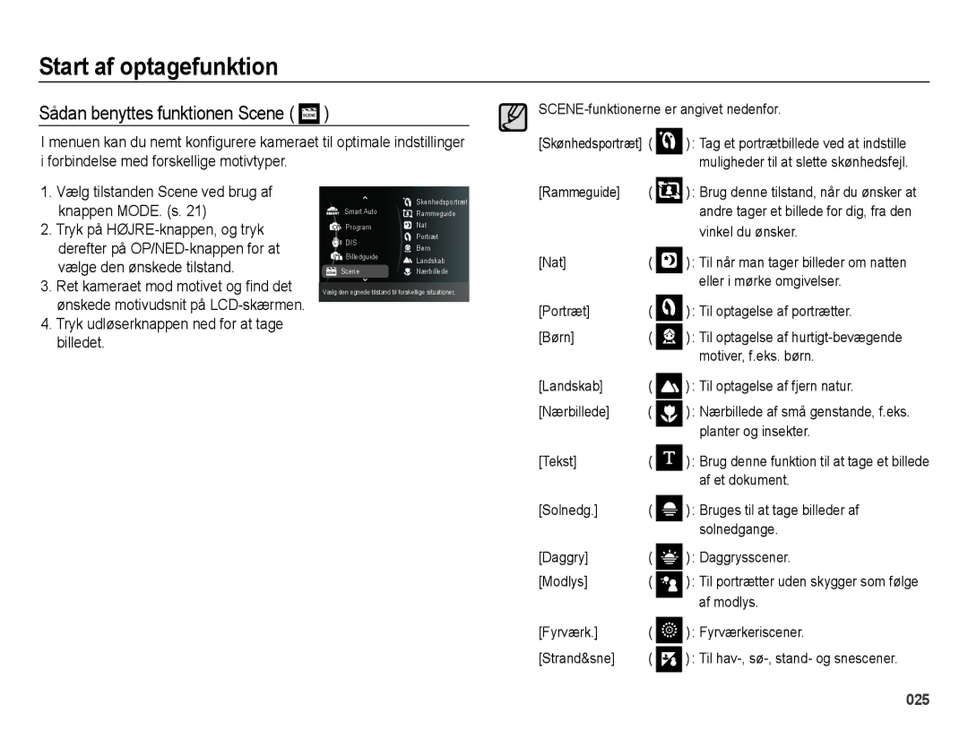 Samsung EC-ES75ZZBPBE2 manual Sådan benyttes funktionen Scene 