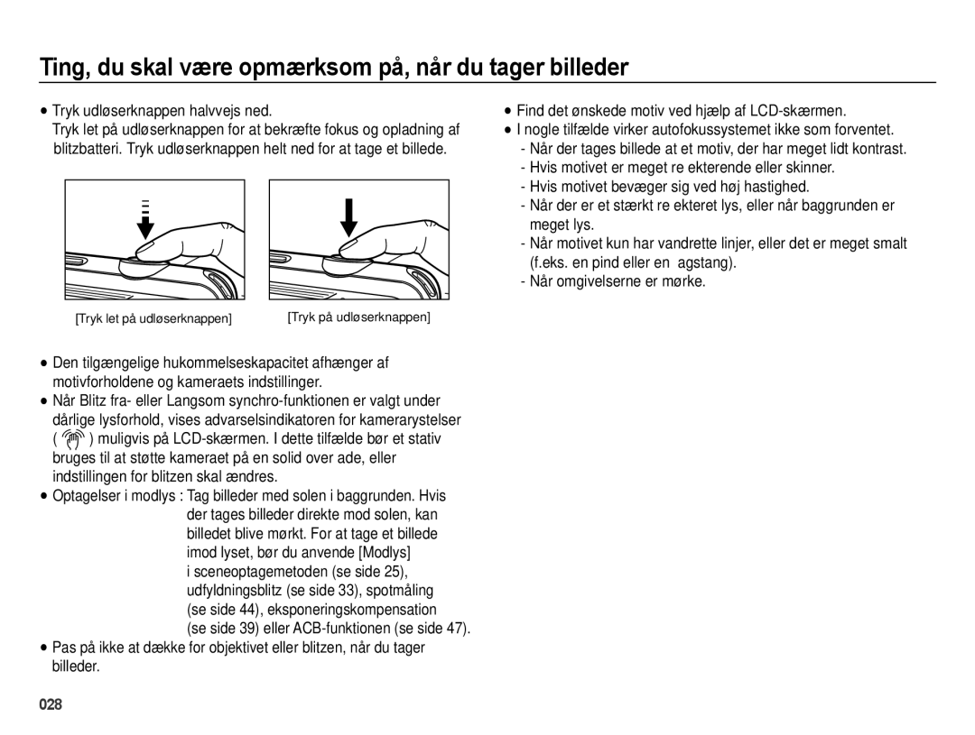 Samsung EC-ES75ZZBPBE2 manual Ting, du skal være opmærksom på, når du tager billeder 