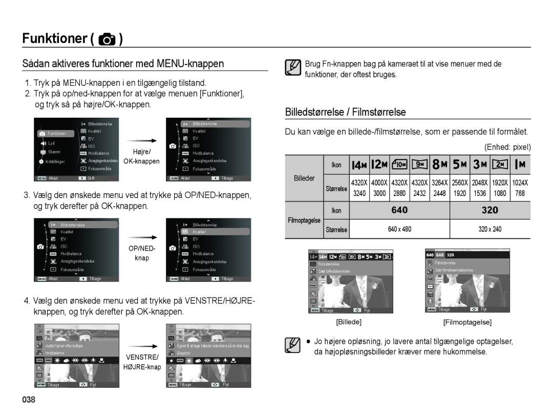 Samsung EC-ES75ZZBPBE2 manual Sådan aktiveres funktioner med MENU-knappen, Billedstørrelse / Filmstørrelse, 2880, 768 