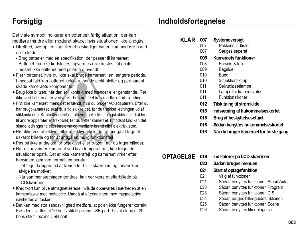 Samsung EC-ES75ZZBPBE2 manual Forsigtig, Indholdsfortegnelse, Klar 007 Systemoversigt, Kameraets funktioner 