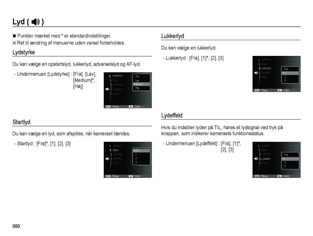 Samsung EC-ES75ZZBPBE2 manual Lydstyrke, Startlyd Lukkerlyd, Lydeffekt, Startlyd Fra*, 1, 2 