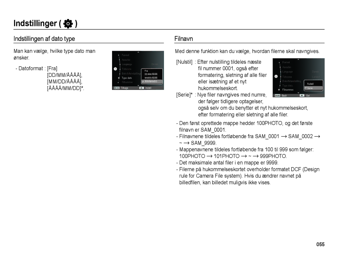 Samsung EC-ES75ZZBPBE2 manual Indstillingen af dato type, Filnavn, Man kan vælge, hvilke type dato man 