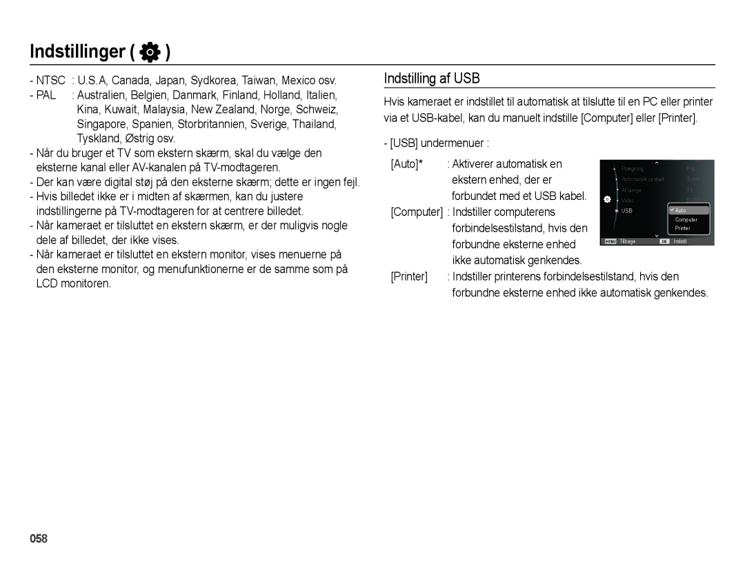 Samsung EC-ES75ZZBPBE2 manual Indstilling af USB, Forbundne eksterne enhed ikke automatisk genkendes 