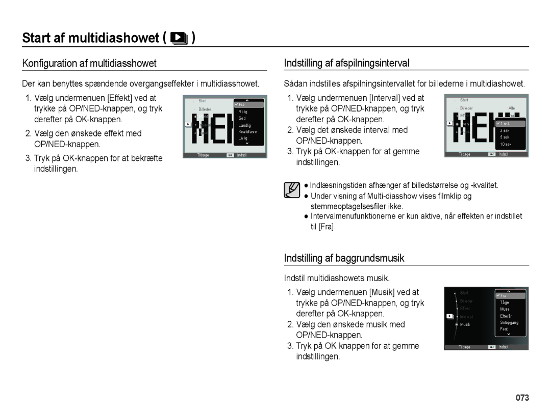 Samsung EC-ES75ZZBPBE2 Konﬁguration af multidiasshowet, Indstilling af afspilningsinterval, Indstilling af baggrundsmusik 