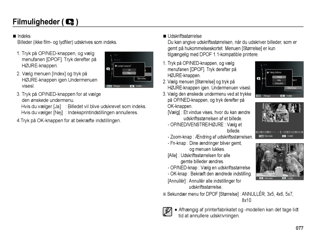 Samsung EC-ES75ZZBPBE2 manual Menufanen DPOF. Tryk derefter på, Vælg menuen Størrelse og tryk på, OK-knappen 