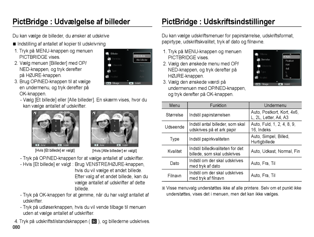 Samsung EC-ES75ZZBPBE2 manual PictBridge Udvælgelse af billeder, PictBridge Udskriftsindstillinger 