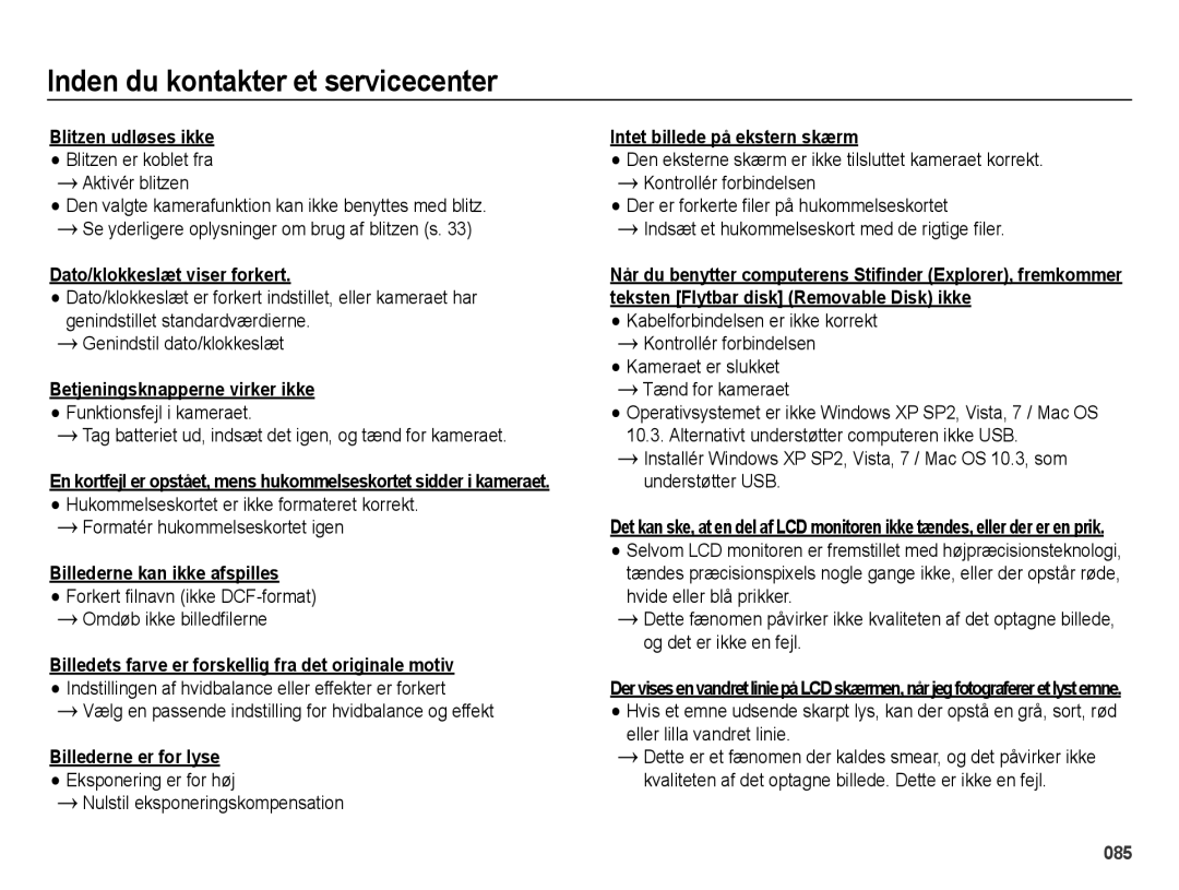 Samsung EC-ES75ZZBPBE2 manual Dato/klokkeslæt viser forkert, Betjeningsknapperne virker ikke, Billederne kan ikke afspilles 