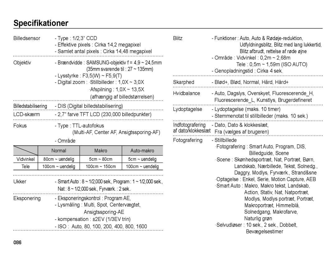 Samsung EC-ES75ZZBPBE2 manual Speciﬁkationer 