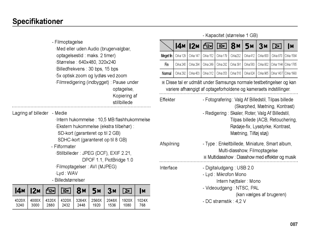 Samsung EC-ES75ZZBPBE2 manual Filmoptagelse, Optagelse, Stillbillede Lagring af billeder Medie, ·Lyd WAV Billedstørrelser 