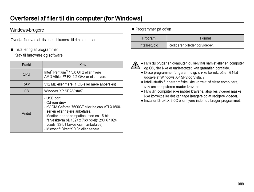 Samsung EC-ES75ZZBPBE2 manual Overførsel af ﬁler til din computer for Windows, Windows-brugere, Programmer på cd’en 