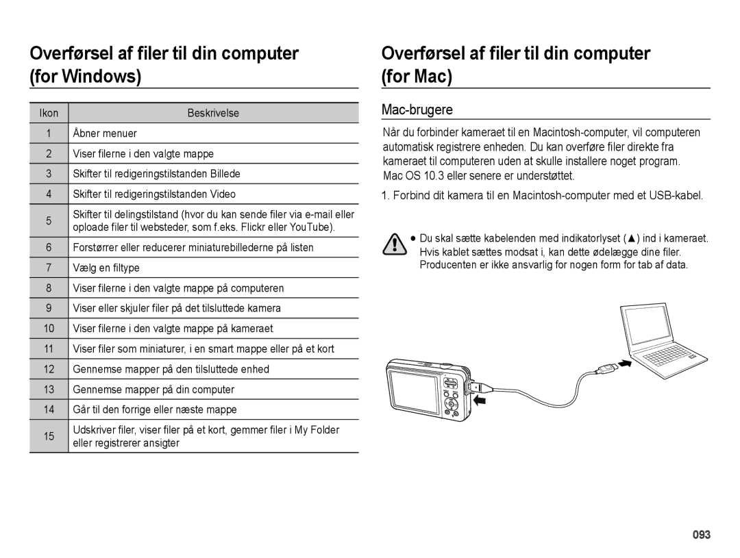 Samsung EC-ES75ZZBPBE2 manual Overførsel af ﬁler til din computer for Mac, Mac-brugere 