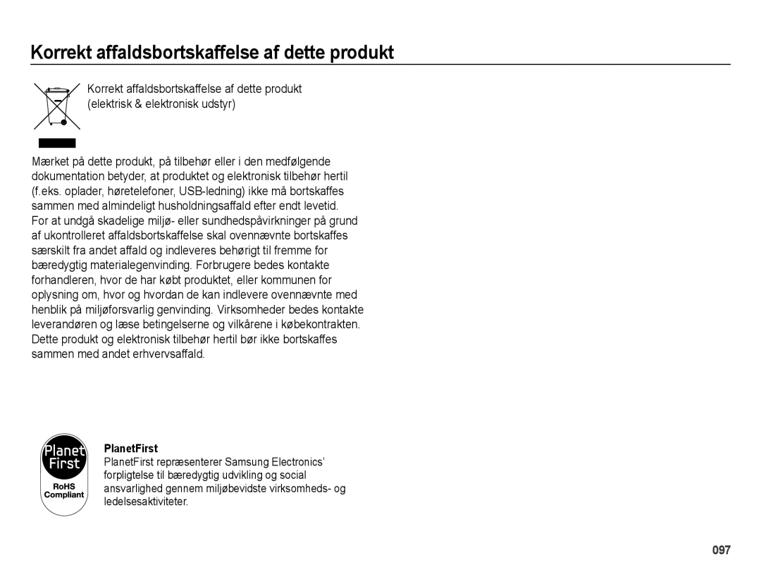 Samsung EC-ES75ZZBPBE2 manual Korrekt affaldsbortskaffelse af dette produkt, PlanetFirst 