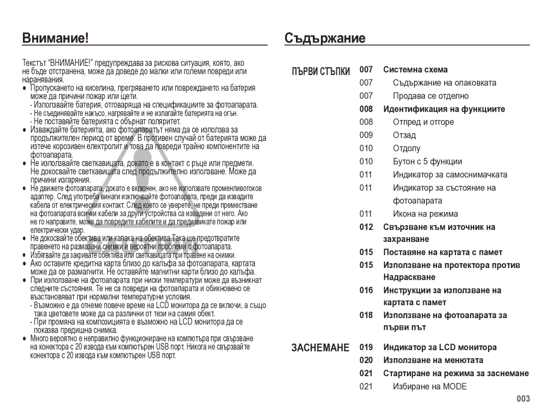 Samsung EC-ES75ZZBPBE3, EC-ES75ZZBPSE3 manual Внимание Съдържание, 007 Системна схема, 008 Идентификация на функциите 