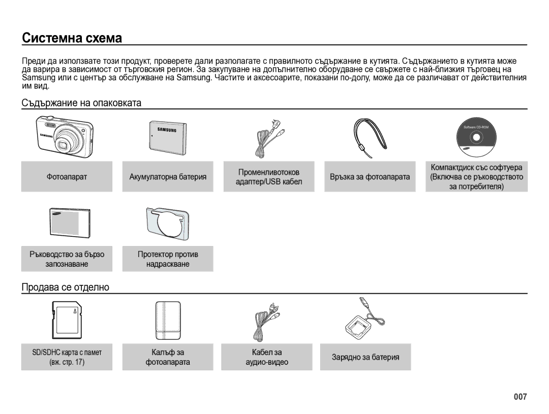 Samsung EC-ES75ZZBPBE3 manual Системна схема, Съдържание на опаковката, Продава се отделно, Фотоапарат Акумулаторна батерия 