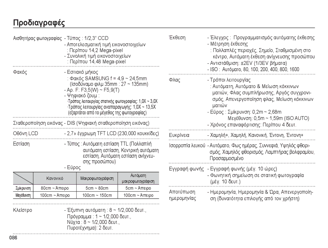 Samsung EC-ES75ZZBPBE3, EC-ES75ZZBPSE3, EC-ES75ZZBPUE3 manual Προδιαγραφές 