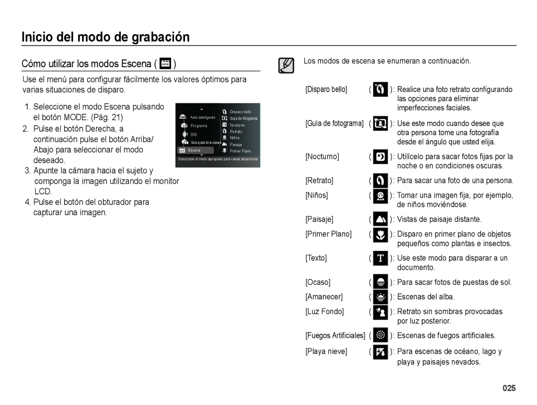 Samsung EC-ES75ZZBPBE1, EC-ES75ZZBPSE1, EC-ES74ZZBDBE1, EC-ES75ZZBPUE1, EC-ES75ZZBPOE1 manual Cómo utilizar los modos Escena 